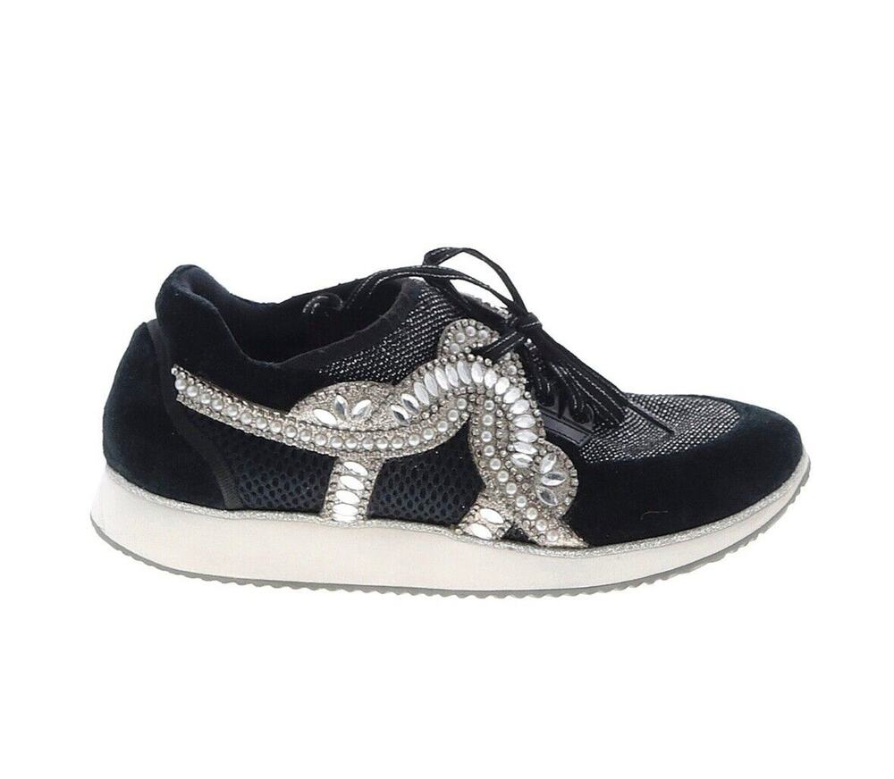 Authentic Sophia Webster Royalty Black Velvet Embellished Low Top Sneakers Sz 40